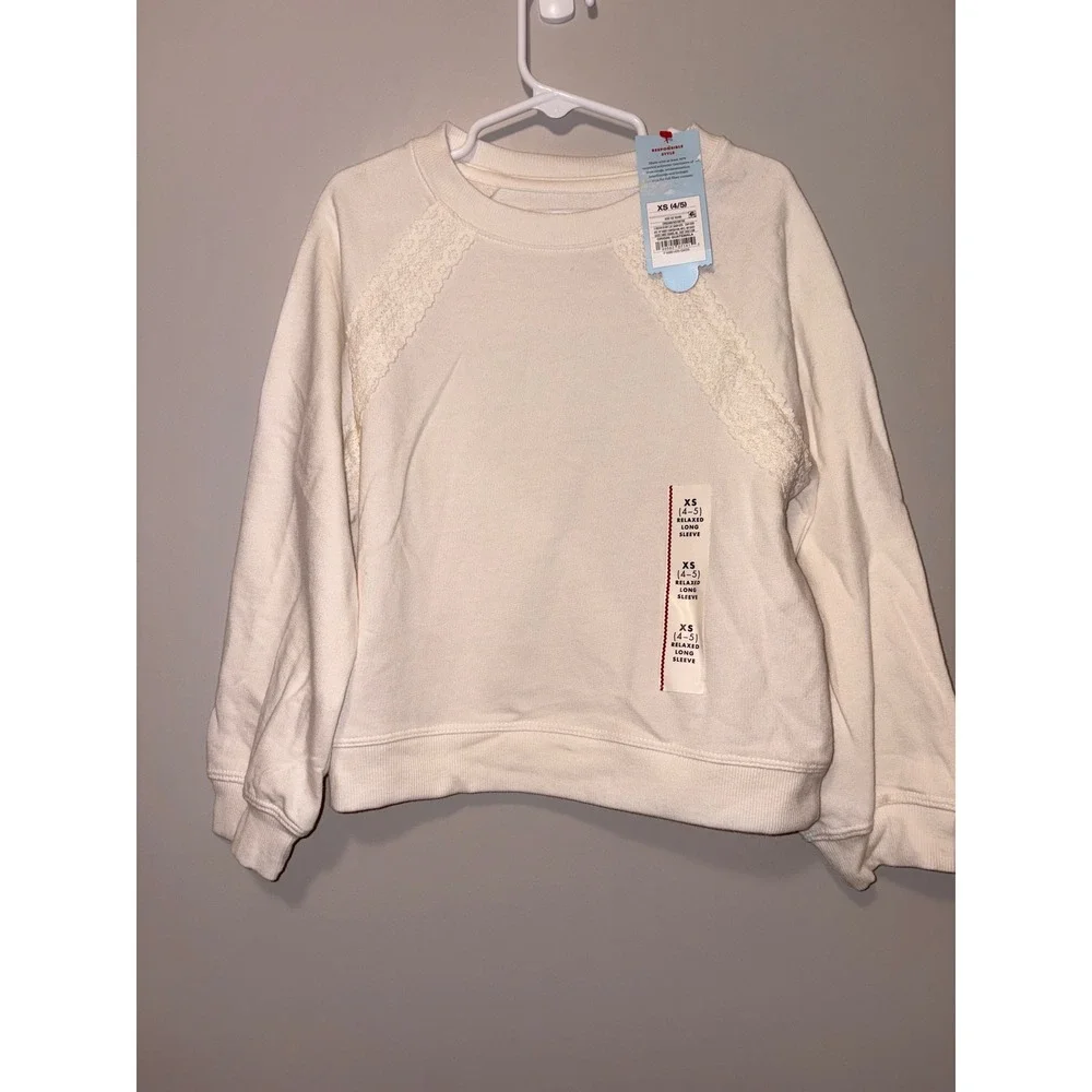 Cat & Jack Girls Cream Lace Trim Raglan Sweatshirt XS 4-5 Relaxed Fit Pullover